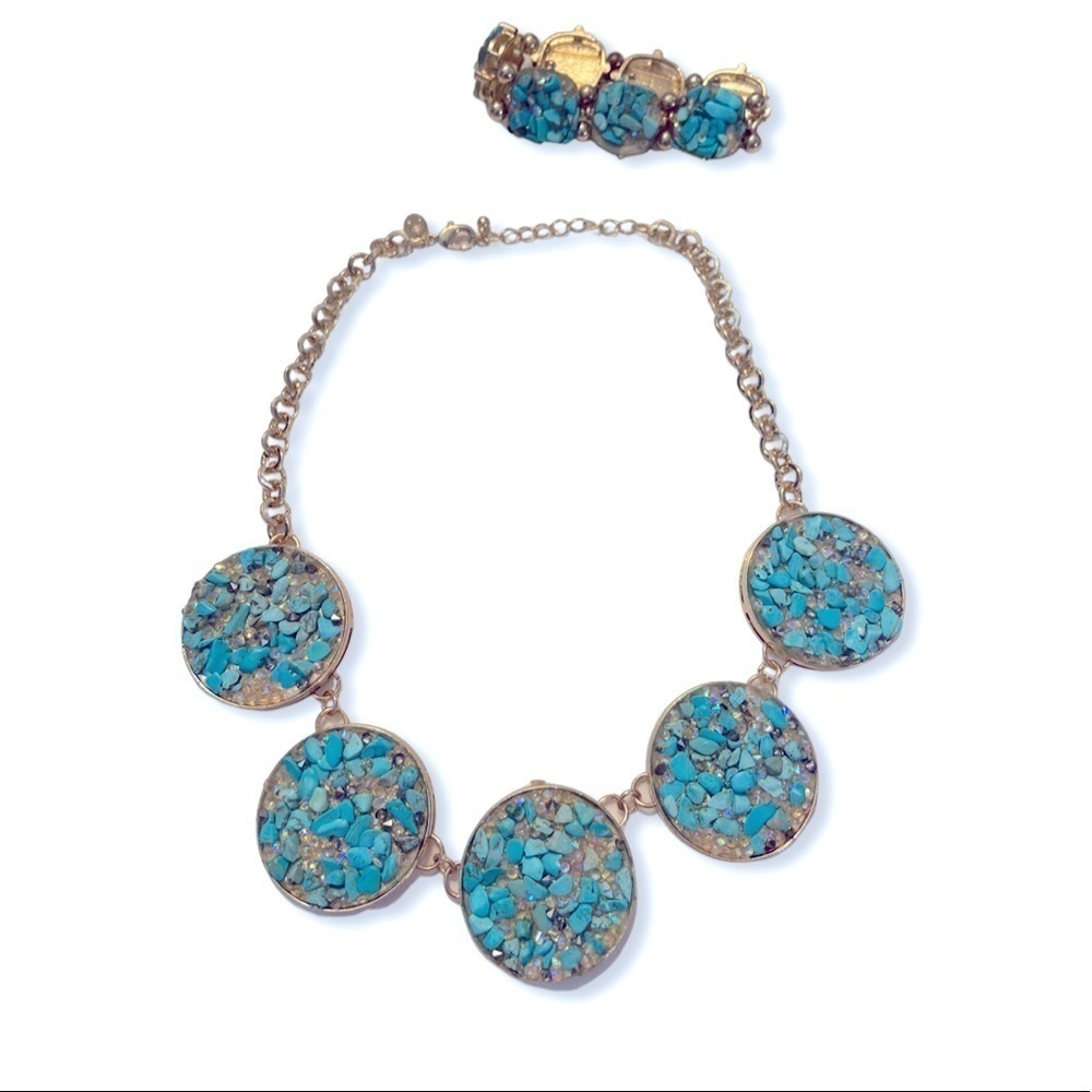 Turquoise Stone Statement Necklace & Stretch Bracelet Set